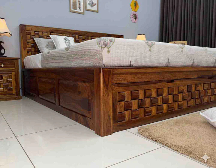 Designer Sheesham Wood Bed With Storage Headboard And Premium Wooden Finish By Sarve Furniture