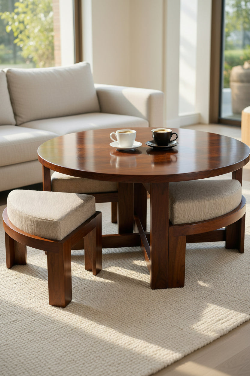 Round wooden table with chairs and a small stool in a living room setting.