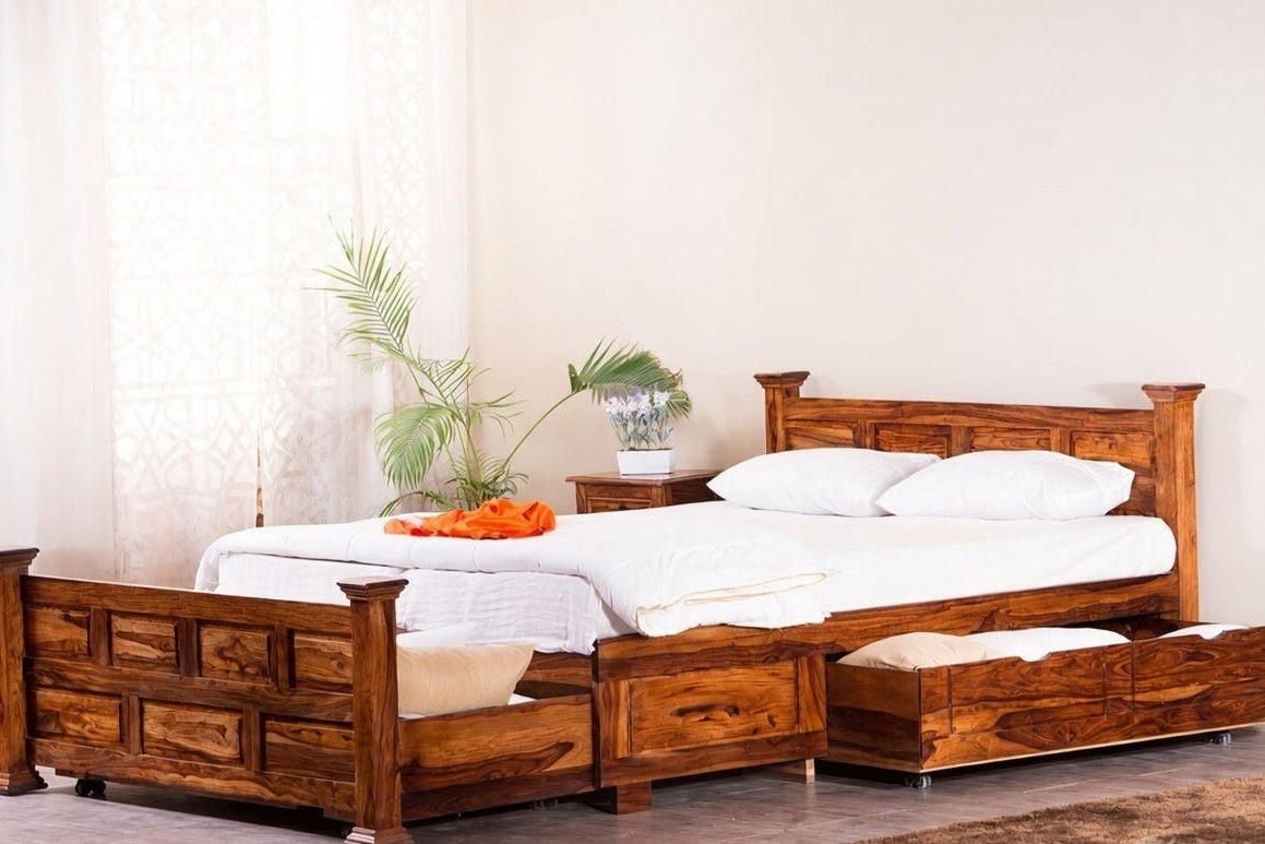 Imperial Crown Solid Wood King Size Storage Bed with Pull-Out Drawers