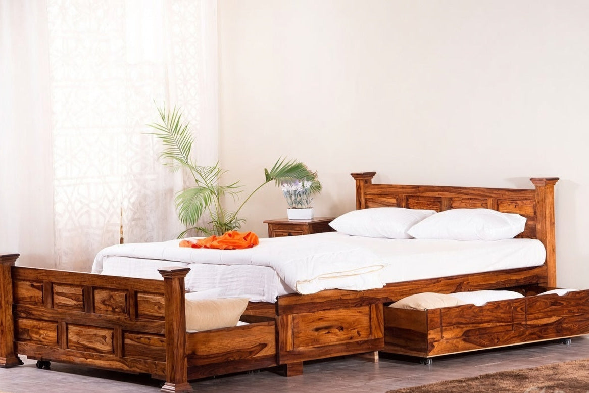 Imperial Crown Solid Wood King Size Storage Bed with Pull-Out Drawers