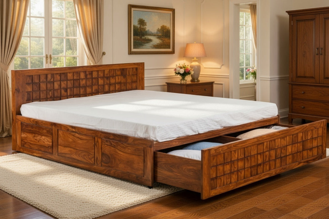 Shahi Palace Solid Wood King Size Bed with Integrated Storage Drawers