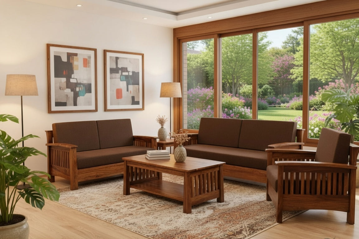 Velvet Crest Solid Sheesham Wood Premium Lounge Sofa Set for Living Room