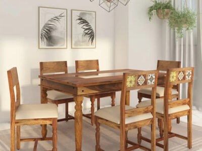 Teak Dining Set Elegant with Cushioned Seating and Carved Wooden Frame