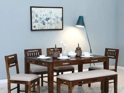 Cheques Wooden Dining Table Set with Four Upholstered and Stylish Chairs