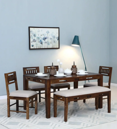 Cheques Wooden Dining Table Set with Four Upholstered and Stylish Chairs