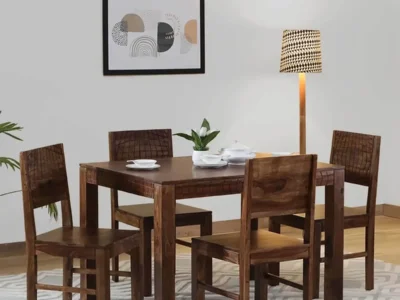 Minimalist Dining Table Wooden Set with Sleek Legs and Soft Cushioned Chairs