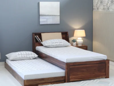Classic single wooden bed in Sheesham with premium finish and trundle by Sarve Furniture – space-saving guest bed