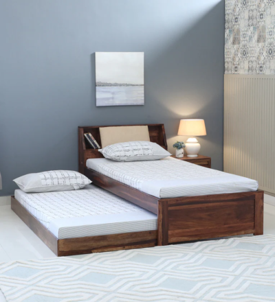 Classic single wooden bed in Sheesham with premium finish and trundle by Sarve Furniture – space-saving guest bed