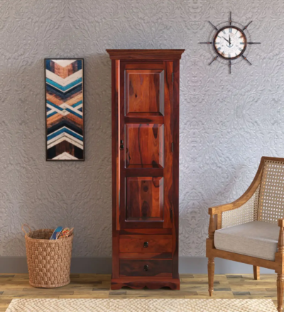 Premium Sheesham wood wardrobe with drawers, hanging rod, and polished surface