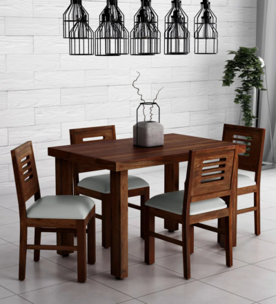 Mcropolis Sheesham Wood 4 Seater Dining Set In Provincial Teak Finish with Cushioned Chairs