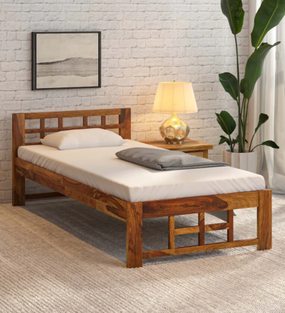 Handcrafted wooden single bed with strong legs and natural finish by Sarve Furniture – durable solid wood bed