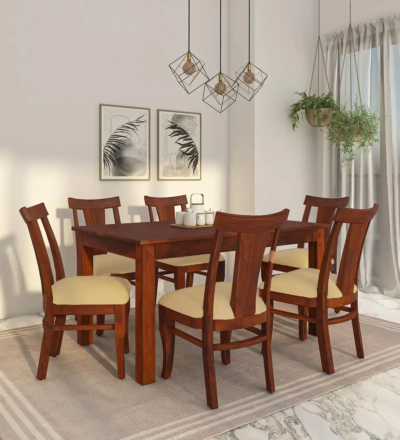 Traditional wooden dining table with polished finish and comfortable chairs