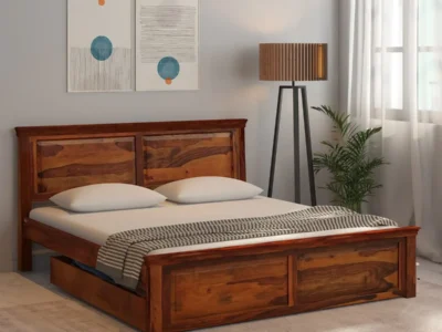 Sanishka Wooden King Size Bed with Drawer Storage in Walnut Finish