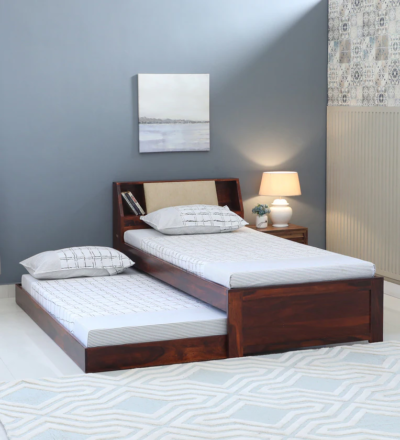 Wooden base single bed in Sheesham with headrest by Sarve Furniture – solid wood frame and simple design