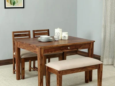 Teak Finish Dining Set with Slatted Chairs and Thick Tabletop Design