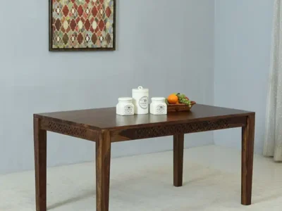 Sturdy wooden dining table with polished surface for family dining