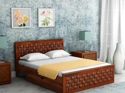 Plushio Wooden Bed Design With Drawer Storage by Sarve Furniture, featuring elegant woodwork and practical under-bed storage for a neat and stylish bedroom.