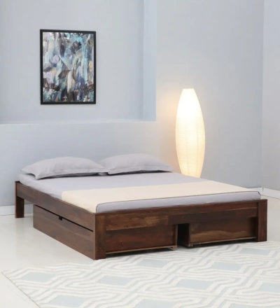 DreamNest Sheesham Wood Bed by Sarve Furniture showcasing built-in storage drawers and elegant finish.