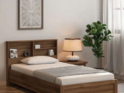 Studio apartment single bed in Sheesham wood with raised base by Sarve Furniture – compact and stylish wooden bed