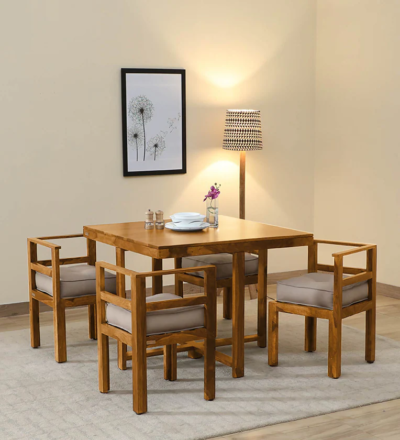 Netural Finish Dining Set with Carved Table and Four Comfortable Wooden Chairs