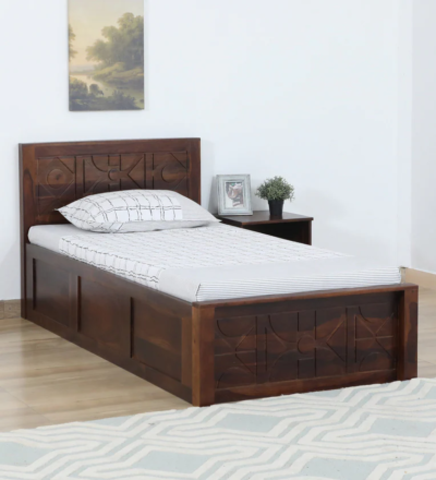 Indian single bed in Sheesham wood for PG and student rooms by Sarve Furniture – compact and durable solid wood bed