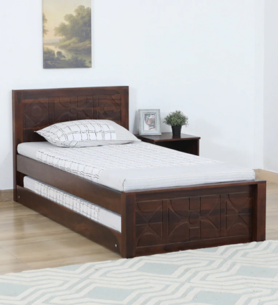 Indian style Sheesham wood single bed with drawer storage by Sarve Furniture – traditional solid wood bed with built-in drawers