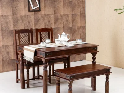 Wooden Compact Dining Set with Benches and Expandable Table Design