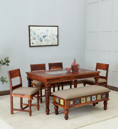Modern Wooden Dining Set 6 Seater with Open Legs and Tufted Upholstery Comfort - Image 12