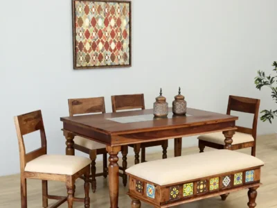 Modern 6 seater wooden dining set with tufted chairs and open-leg design