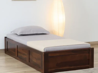 Minimalist wooden single bed for small bedroom spaces by Sarve Furniture – compact Sheesham wood bed with clean lines and natural finish