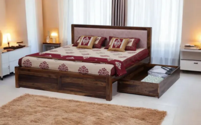 Sheesham Wood King Size Bed with Drawer Storage in Natural Finish
