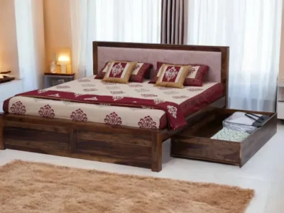 Sheesham Wood King Size Bed with Drawer Storage in Natural Finish