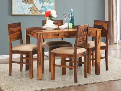Wooden Dining Set Rustic Finish with Plank Top Table and Storage Underneath Online