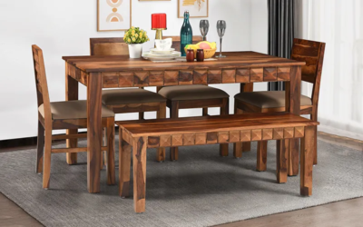 Sturdy Dining Table Set in Sheesham Wood with Natural Finish and Bench