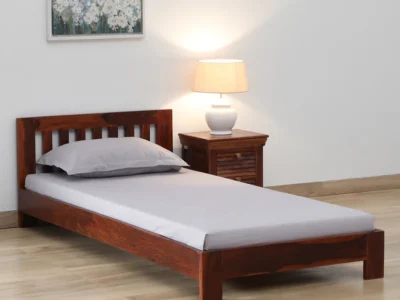 Sturdy single bed for teenagers in Sheesham wood with polished headboard by Sarve Furniture – durable wooden bed frame