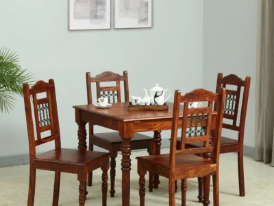 Rustic Dining Set with Compact Table and Slim Backrest Upholstered Wooden Chairs