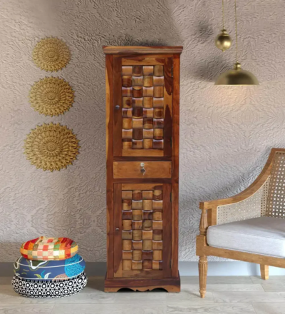Tall Sheesham wood wardrobe with open shelf, drawers, and mirror section