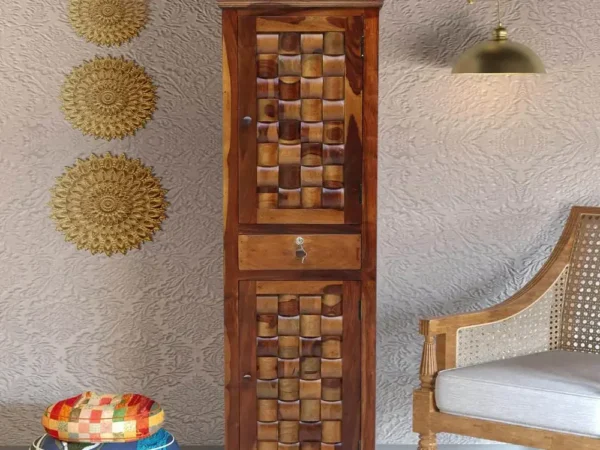 Tall Sheesham wood wardrobe with open shelf, drawers, and mirror section