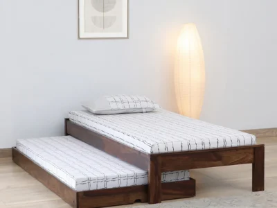 Designer leg single bed in Sheesham with trundle by Sarve Furniture – space-saving solid wood bed with extra sleeping option