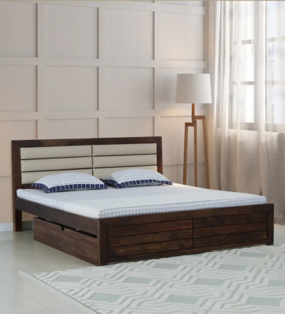 Indian Rosewood King Size Bed with Drawer Storage in Natural Finish