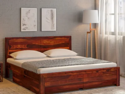Paradise Natural Wood King Size Bed with Drawer Storage in Walnut Finish