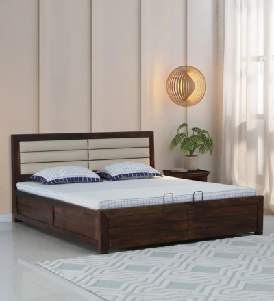 Roscow Sheesham Wood King Size Bed with Hydraulic Storage in Walnut Finish