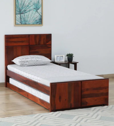 Wooden single size bed in Sheesham for kids or guests by Sarve Furniture – durable compact solid wood bed