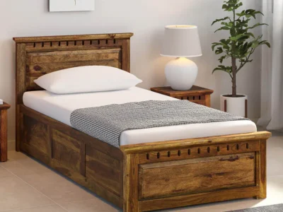 Affordable Sheesham single bed with simple design and natural finish by Sarve Furniture – budget-friendly solid wood bed for all bedroom types