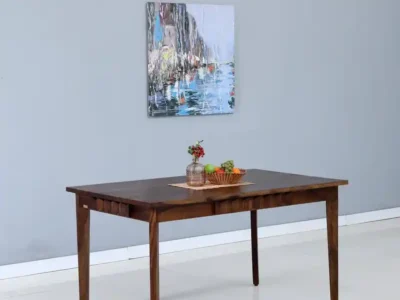 Natural wood dining table for six with elegant finish and solid build