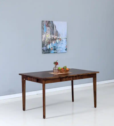 Natural wood dining table for six with elegant finish and solid build