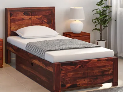 Small bedroom single bed with polished Sheesham wood frame and sleek design by Sarve Furniture
