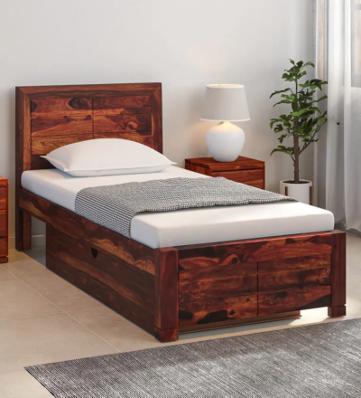 Small bedroom single bed with polished Sheesham wood frame and sleek design by Sarve Furniture