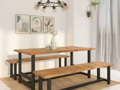 Handcrafted Dining Table Set with Sheesham Wood and Matching Bench Seating