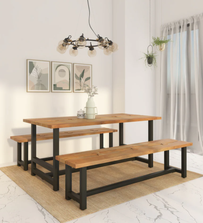 Handcrafted Dining Table Set with Sheesham Wood and Matching Bench Seating